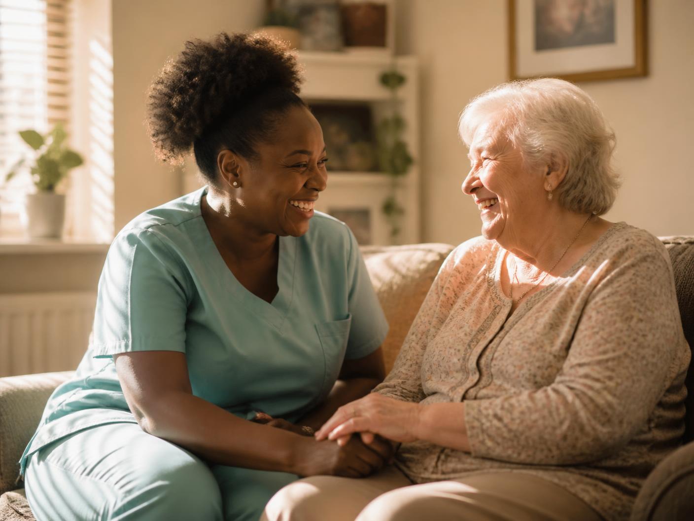 A caregiver laughing with an elderly client in a sunlit living room